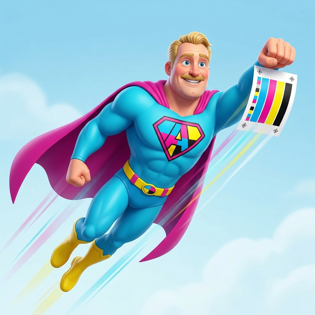 Captain Accuform flying with a CMYK proof sheet